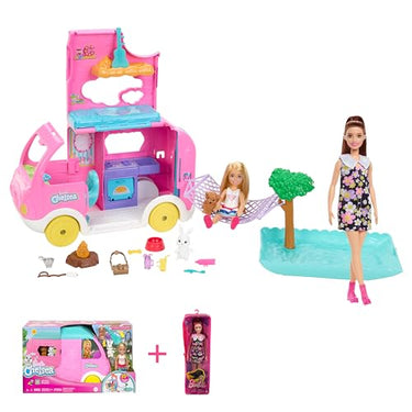 Barbie Bundle Pack - Chelsea 2-in-1-Camper (HNH90) + Fashionistas Puppe (HBV19) mit brünetten Haaren, Pool, Hängematte und Essbereich, Etui-Kleid mit Blumen-Muster, für Kinder ab 3 Jahren im Sale